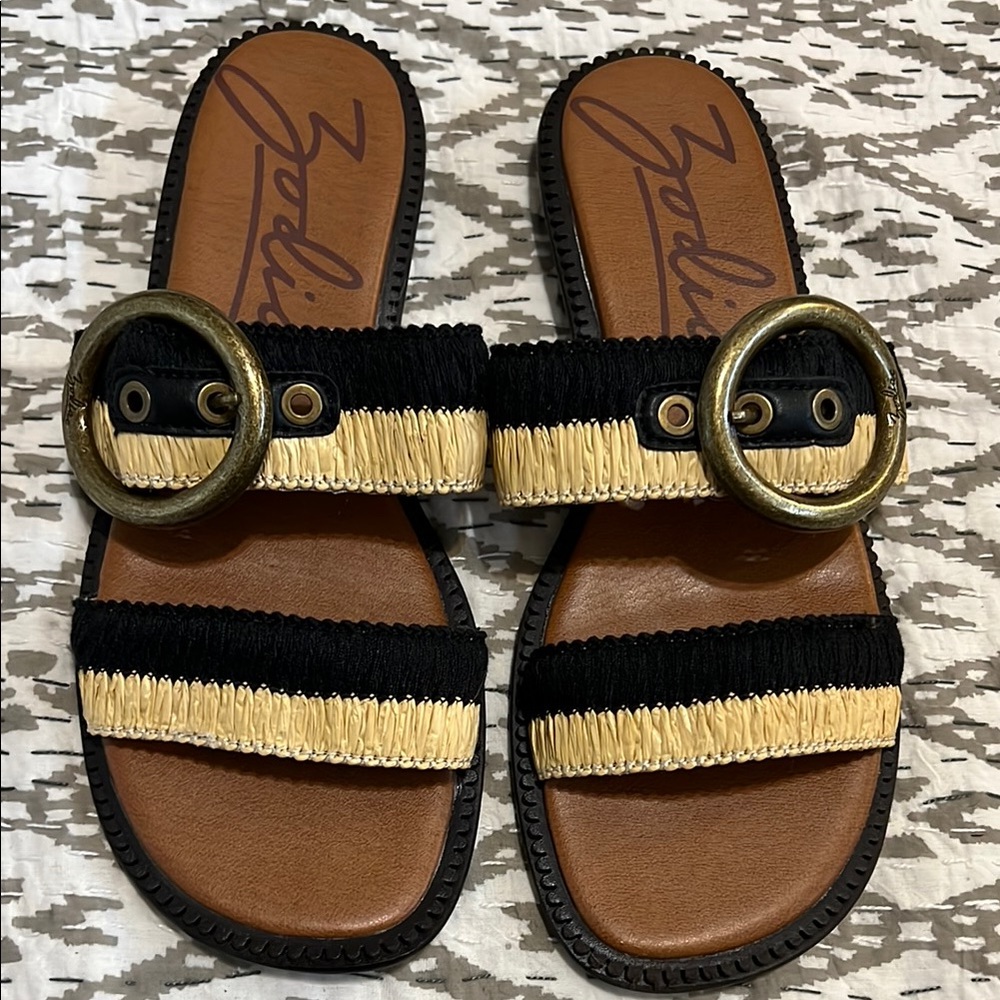 Zodiac Black and Tan Sandals with Gold Buckles 9
